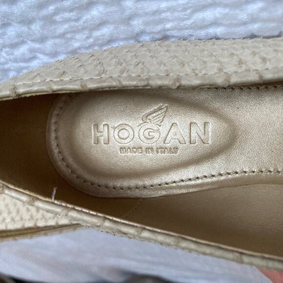 Hogan Flats Women 8.5 Tan Leather Square Toe Made in Italy Imitation Snakeskin - Picture 2 of 12